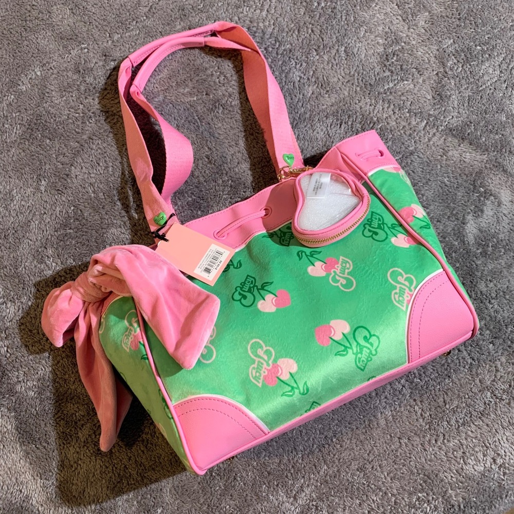 Juicy Couture Retro Cherry Tote‎ Green Pink Velour Bow Bag Heart Charm NWT Y2K